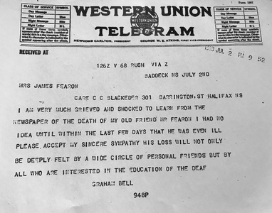 Telegram from Alexander Graham Bell