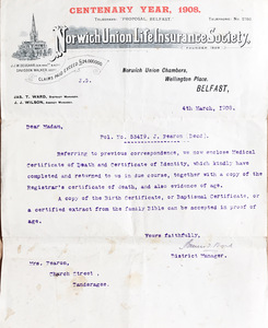 Letter from Norwich Union after Johns death